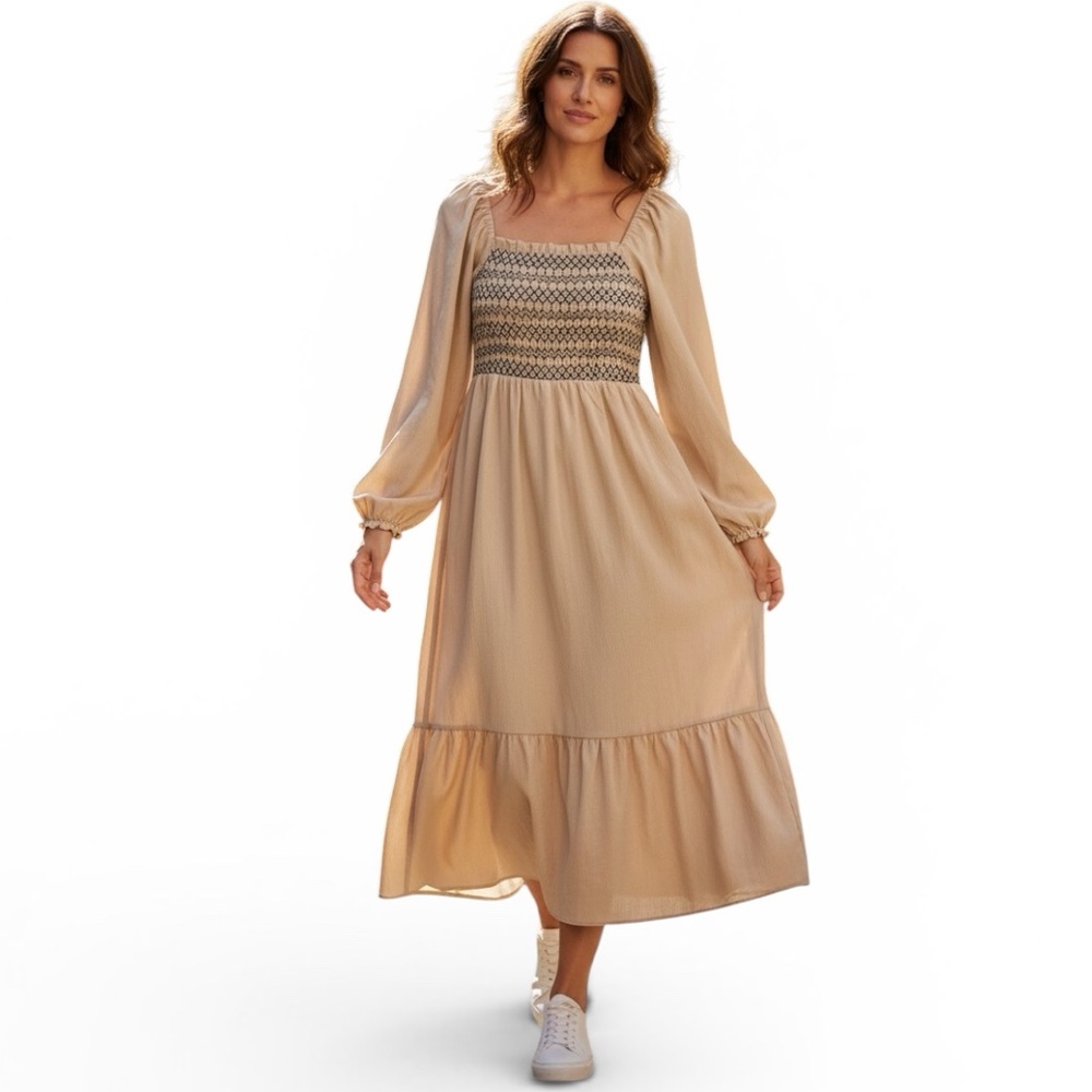 Baltic Born Boho Cottagecore Tan Midi Dress with embroidered Bodice NWOT Large